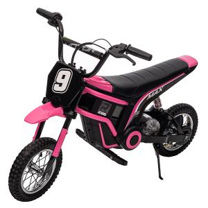 Moto de cross eléctrica de 12 V para jóvenes pilotos, con dos motores de 25 W, acelerador de puño, suspensión de muelles y ruedines de entrenamiento. Disponible en cuatro colores. El juguete ideal para divertirse al aire libre.
