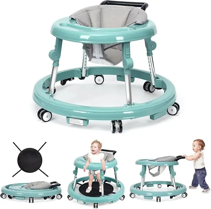 Andador para bebés plegable con 9 alturas ajustables (6-12 meses); con ruedas, portátil y antivuelco; diseño rodante y portátil.