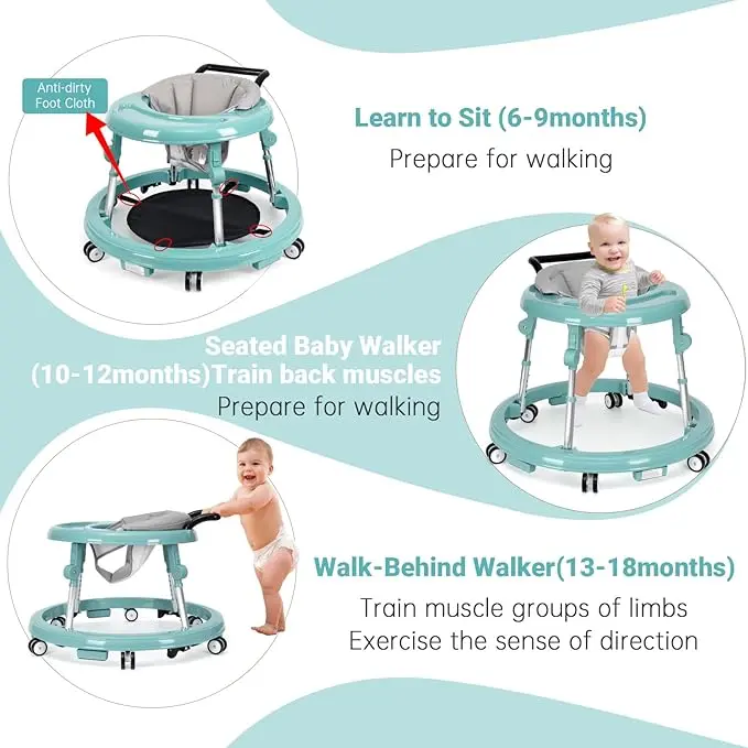Andador para bebés plegable con 9 alturas ajustables (6-12 meses); con ruedas, portátil y antivuelco; diseño rodante y portátil.