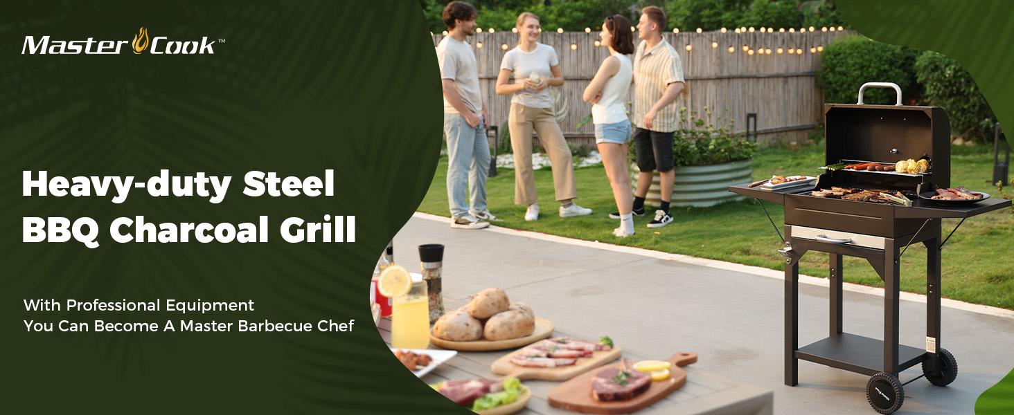 MASTER COOK Charcoal Grill with Two Side Tables 332 SQIN Cooking Area Outdoor Smoker Barbecue BBQ Grill for Camping Patio Backyard Party Picnic Black
