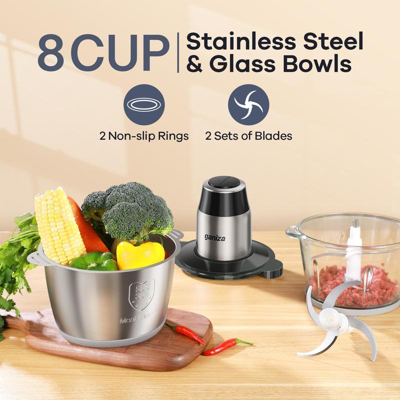 Procesador de alimentos con recipientes de vidrio de 8 tazas y recipiente de acero inoxidable de 8 tazas, picadora de alimentos de 2 velocidades, molinillo de carne, botón mejorado y luz de protección inteligente contra sobrecalentamiento. Incluye cepillo