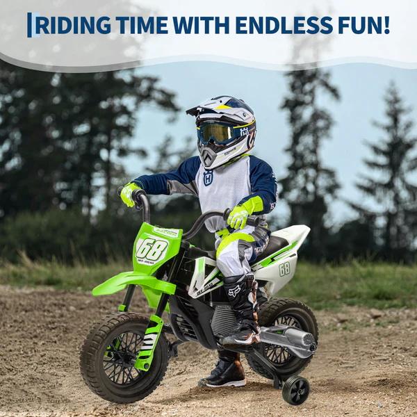 Moto de cross eléctrica de 12 V para jóvenes pilotos, con dos motores de 25 W, acelerador de puño, suspensión de muelles y ruedines de entrenamiento. Disponible en cuatro colores. El juguete ideal para divertirse al aire libre.