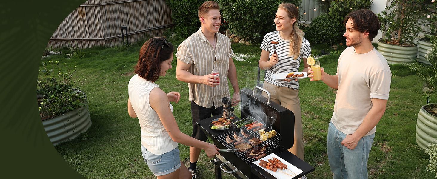 MASTER COOK Charcoal Grill with Two Side Tables 332 SQIN Cooking Area Outdoor Smoker Barbecue BBQ Grill for Camping Patio Backyard Party Picnic Black