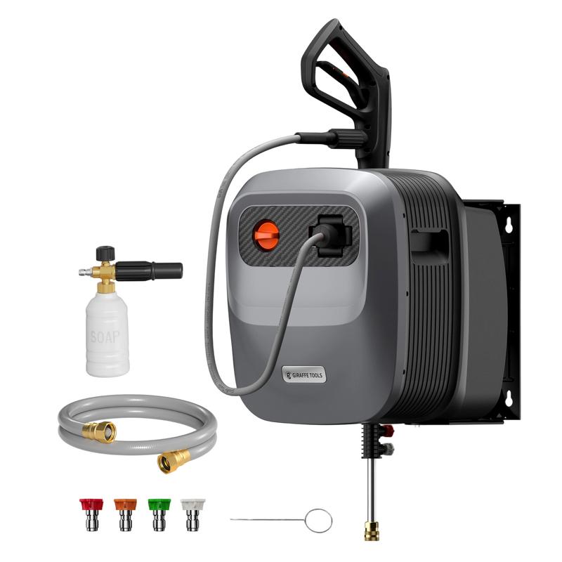 Hidrolavadora G20 Pro de 2400 PSI y 2.0 GPM con carrete de manguera de 65 pies, 4 boquillas y soporte giratorio de 180° para patios y más.