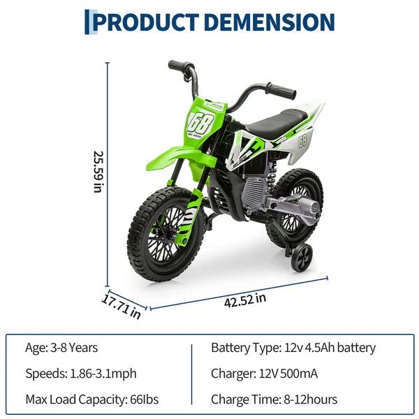 Moto de cross eléctrica de 12 V para jóvenes pilotos, con dos motores de 25 W, acelerador de puño, suspensión de muelles y ruedines de entrenamiento. Disponible en cuatro colores. El juguete ideal para divertirse al aire libre.