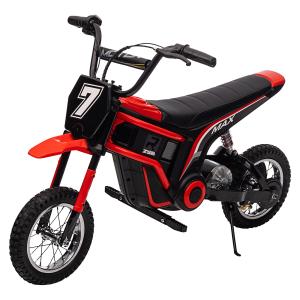 Moto de cross eléctrica de 12 V para jóvenes pilotos, con dos motores de 25 W, acelerador de puño, suspensión de muelles y ruedines de entrenamiento. Disponible en cuatro colores. El juguete ideal para divertirse al aire libre.