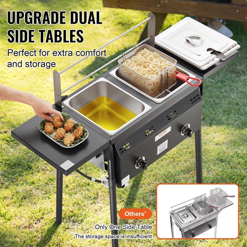 【Summervibes】Freidora de propano para exteriores, freidora comercial de doble quemador, cocina de acero inoxidable de 16 cuartos con cestas, tapas y tanques extraíbles, carrito freidora con termómetro y regulador, para cocinar al aire libre.