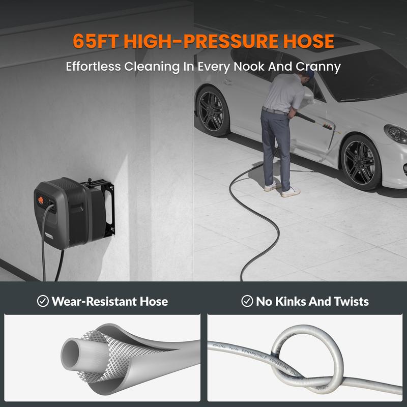 Hidrolavadora G20 Pro de 2400 PSI y 2.0 GPM con carrete de manguera de 65 pies, 4 boquillas y soporte giratorio de 180° para patios y más.
