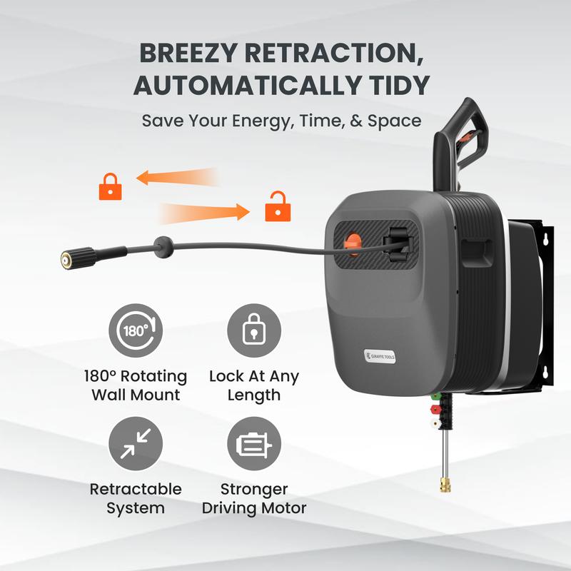 Hidrolavadora G20 Pro de 2400 PSI y 2.0 GPM con carrete de manguera de 65 pies, 4 boquillas y soporte giratorio de 180° para patios y más.