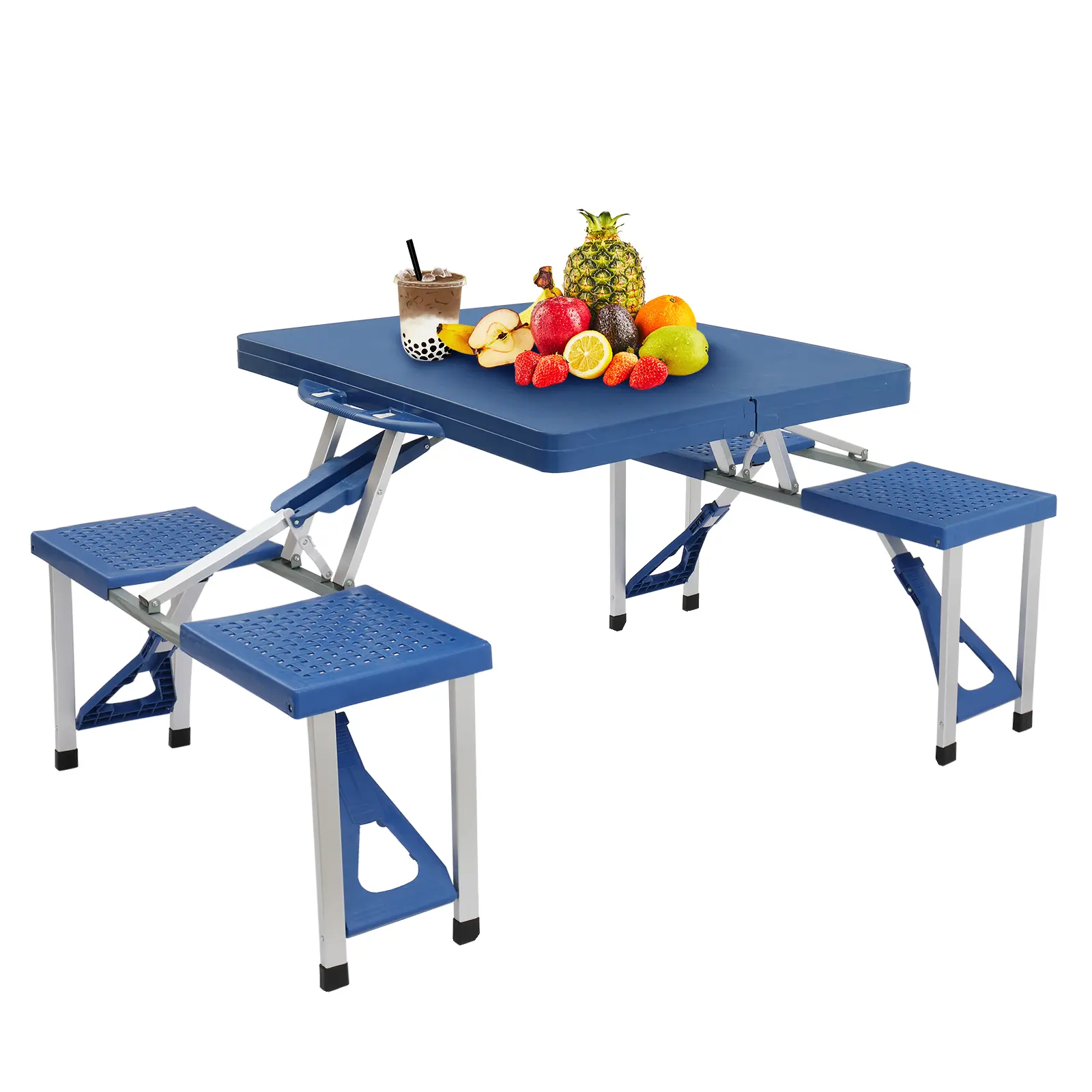 Mesa de picnic plegable portátil de 4 pies, mesa de camping, juego plegable con 4 asientos con orificio para sombrilla, mesa de tarjeta para maleta, soporte de 220 libras, marco de aluminio.