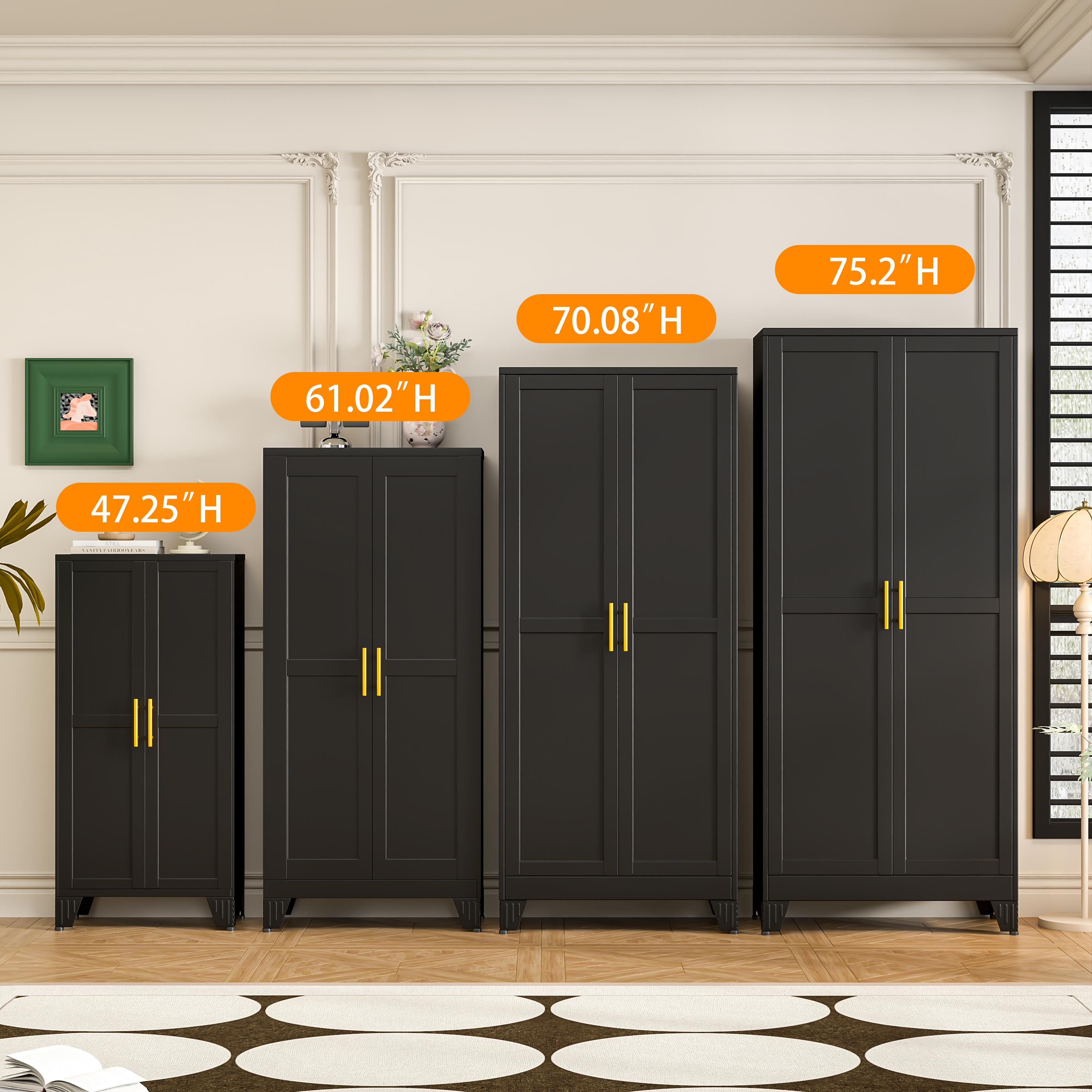 Metal Pantry Cabinet with 2 Doors and Adjustable Shelves Available in four sizes: 47"61" 71" 75" Kitchen Storage Cabinet with Gold Handles - Versatile Storage for Kitchen, Bathroom, Dining Room, Utility Room