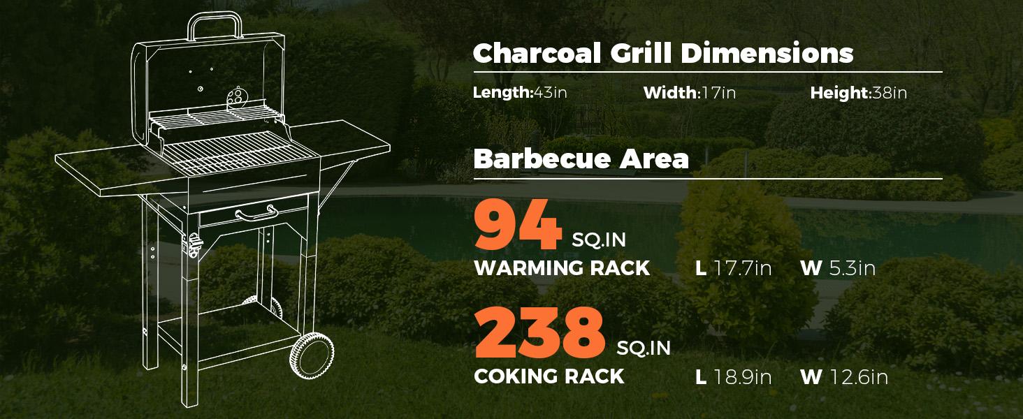 MASTER COOK Charcoal Grill with Two Side Tables 332 SQIN Cooking Area Outdoor Smoker Barbecue BBQ Grill for Camping Patio Backyard Party Picnic Black