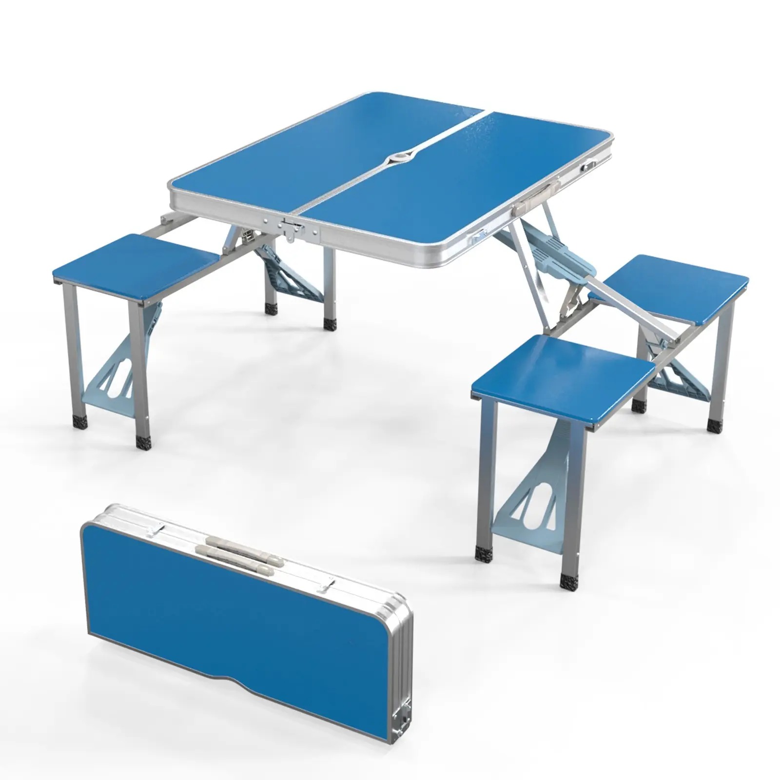 Mesa de picnic plegable portátil de 4 pies, mesa de camping, juego plegable con 4 asientos con orificio para sombrilla, mesa de tarjeta para maleta, soporte de 220 libras, marco de aluminio.
