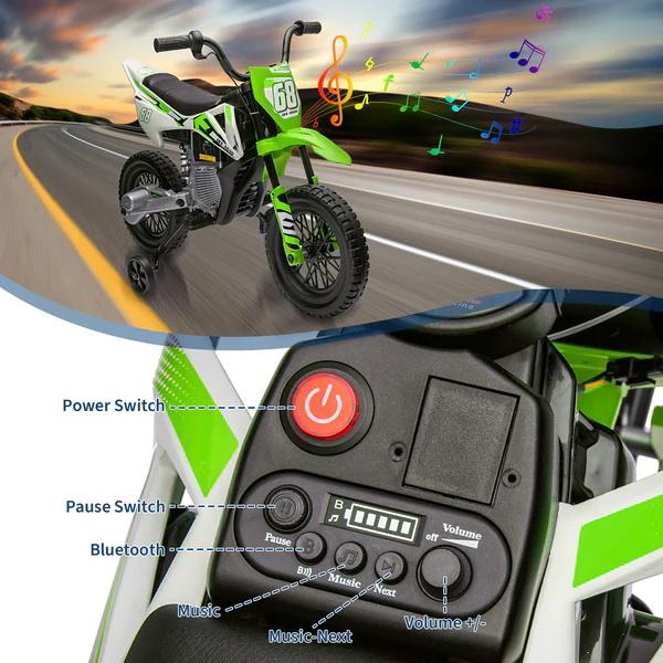 Moto de cross eléctrica de 12 V para jóvenes pilotos, con dos motores de 25 W, acelerador de puño, suspensión de muelles y ruedines de entrenamiento. Disponible en cuatro colores. El juguete ideal para divertirse al aire libre.