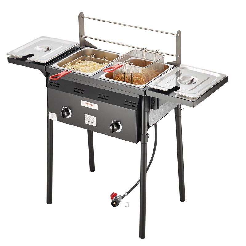 【Summervibes】Freidora de propano para exteriores, freidora comercial de doble quemador, cocina de acero inoxidable de 16 cuartos con cestas, tapas y tanques extraíbles, carrito freidora con termómetro y regulador, para cocinar al aire libre.