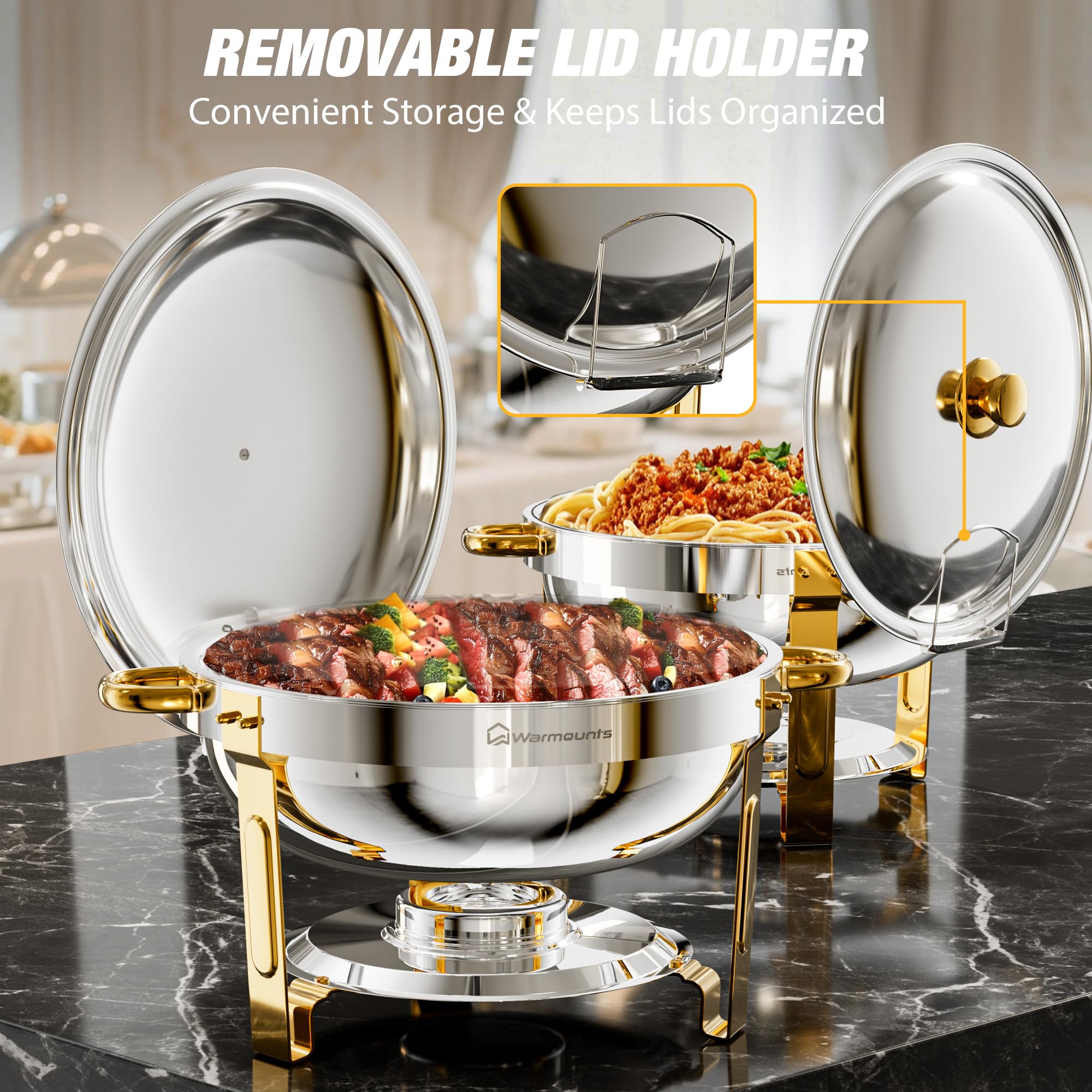 Calentadores de buffet dorados de 5 cuartos con tapa de vidrio o de acero inoxidable — Juego de calentadores redondos y chafing dishes con acabado de acero inoxidable pulido a espejo, borde enrollado, apilables y con soporte para tapas — Ideales para fies