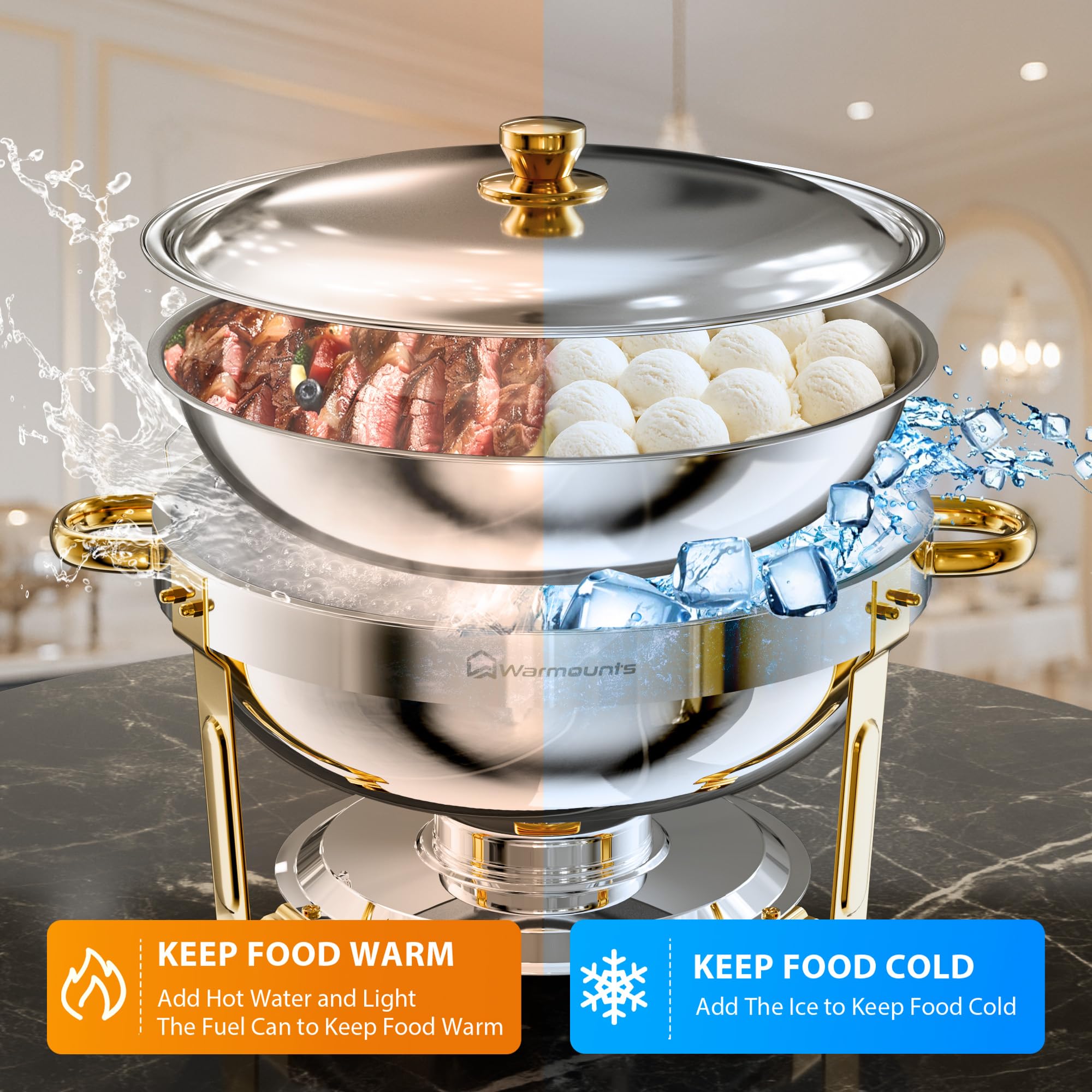 Calentadores de buffet dorados de 5 cuartos con tapa de vidrio o de acero inoxidable — Juego de calentadores redondos y chafing dishes con acabado de acero inoxidable pulido a espejo, borde enrollado, apilables y con soporte para tapas — Ideales para fies