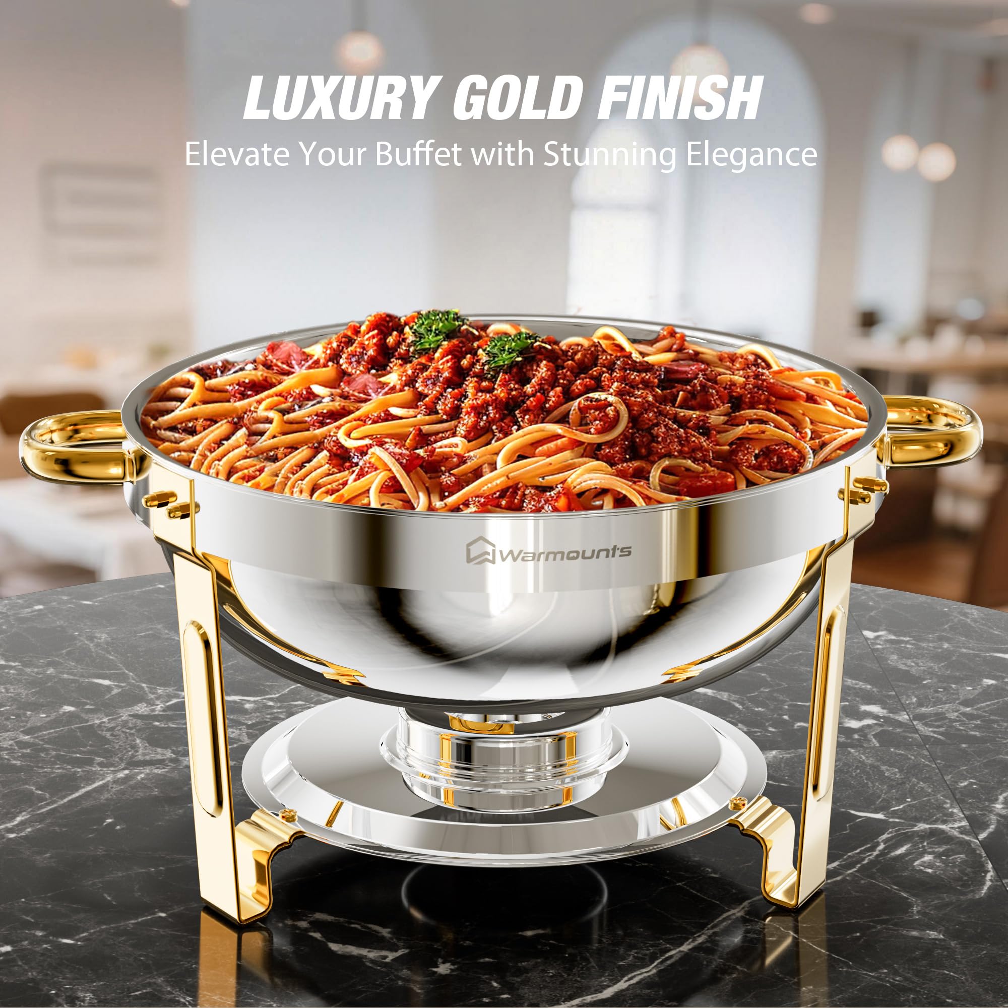 Calentadores de buffet dorados de 5 cuartos con tapa de vidrio o de acero inoxidable — Juego de calentadores redondos y chafing dishes con acabado de acero inoxidable pulido a espejo, borde enrollado, apilables y con soporte para tapas — Ideales para fies
