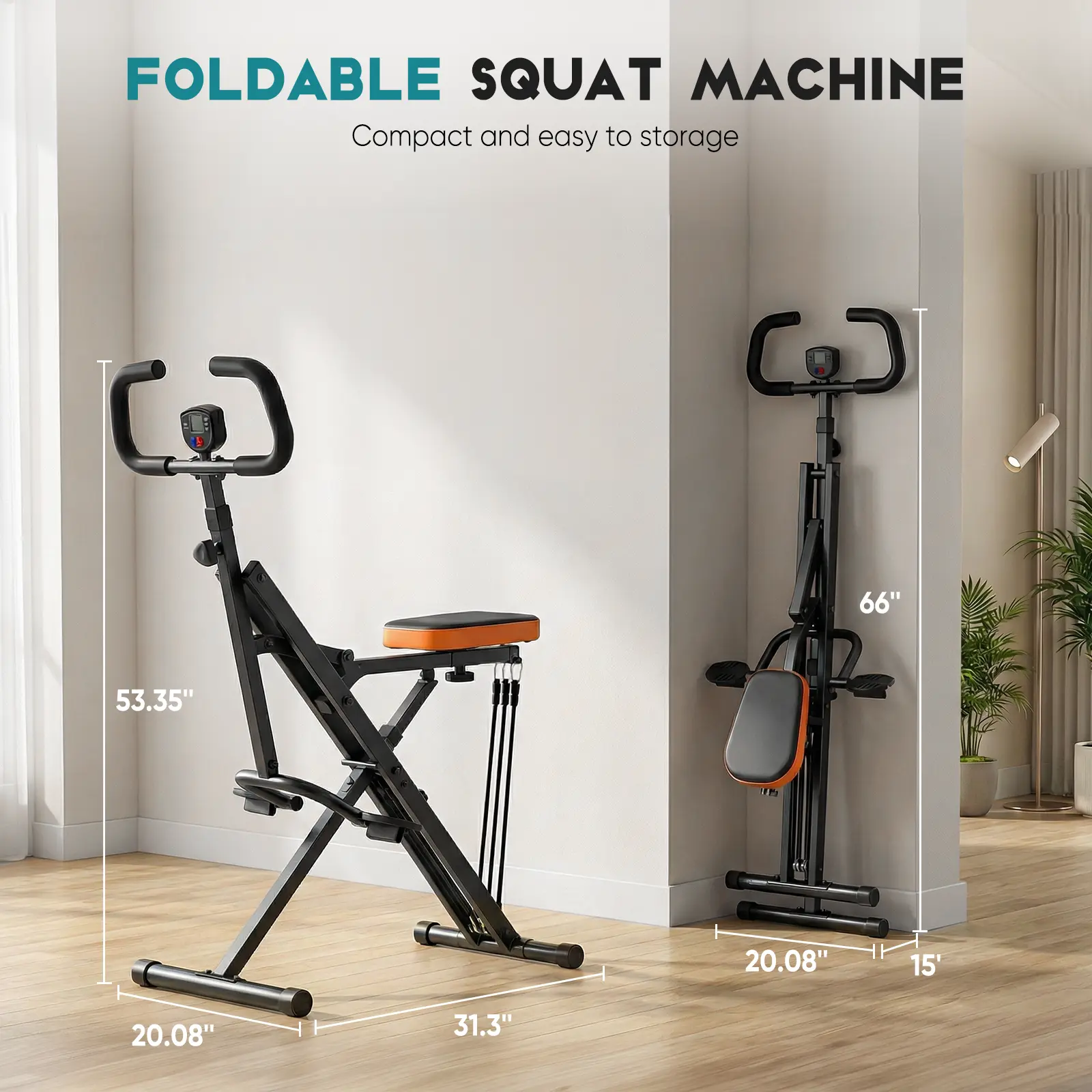 Máquina de remo y sentadillas para glúteos y piernas con pantalla LCD y diseño plegable – Resistencia ajustable para entrenamiento de cuerpo completo en casa.