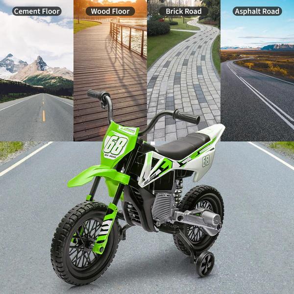 Moto de cross eléctrica de 12 V para jóvenes pilotos, con dos motores de 25 W, acelerador de puño, suspensión de muelles y ruedines de entrenamiento. Disponible en cuatro colores. El juguete ideal para divertirse al aire libre.