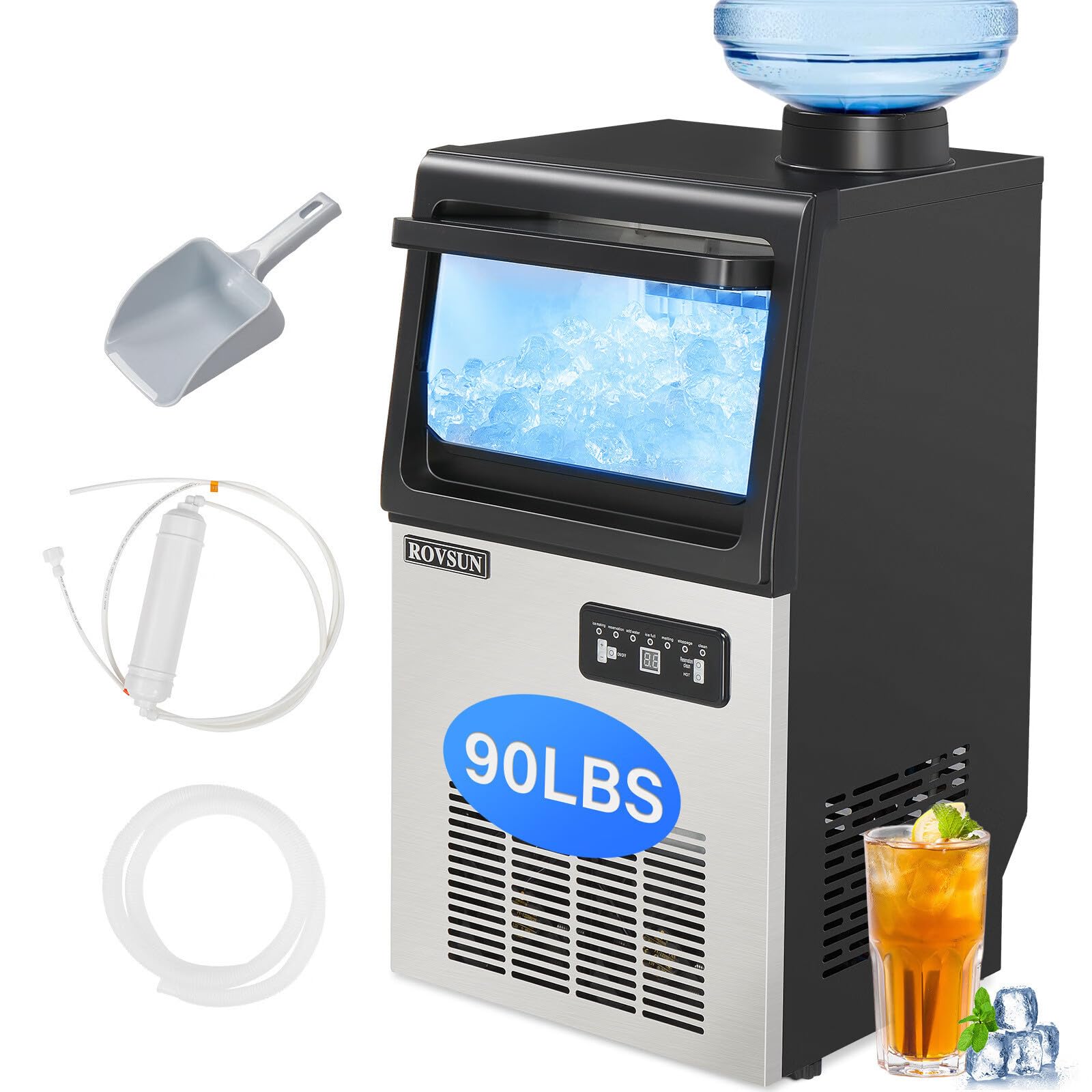 ROVSUN 90LBS/24H Countertop Ice Maker with 2 Water Inlets & Appointment Function, Freestanding Ice Machine with 11lbs Storage Bin, Ice Scoop, Drain Pipe & Water Inlet with Filter ROVSUN 90LBS/24H Countertop Ice Maker with 2 Water Inlets & Appointment Function, Freestanding Ice Machine with 11lbs Storage Bin, Ice Scoop, Drain Pipe & Water Inlet with Filter