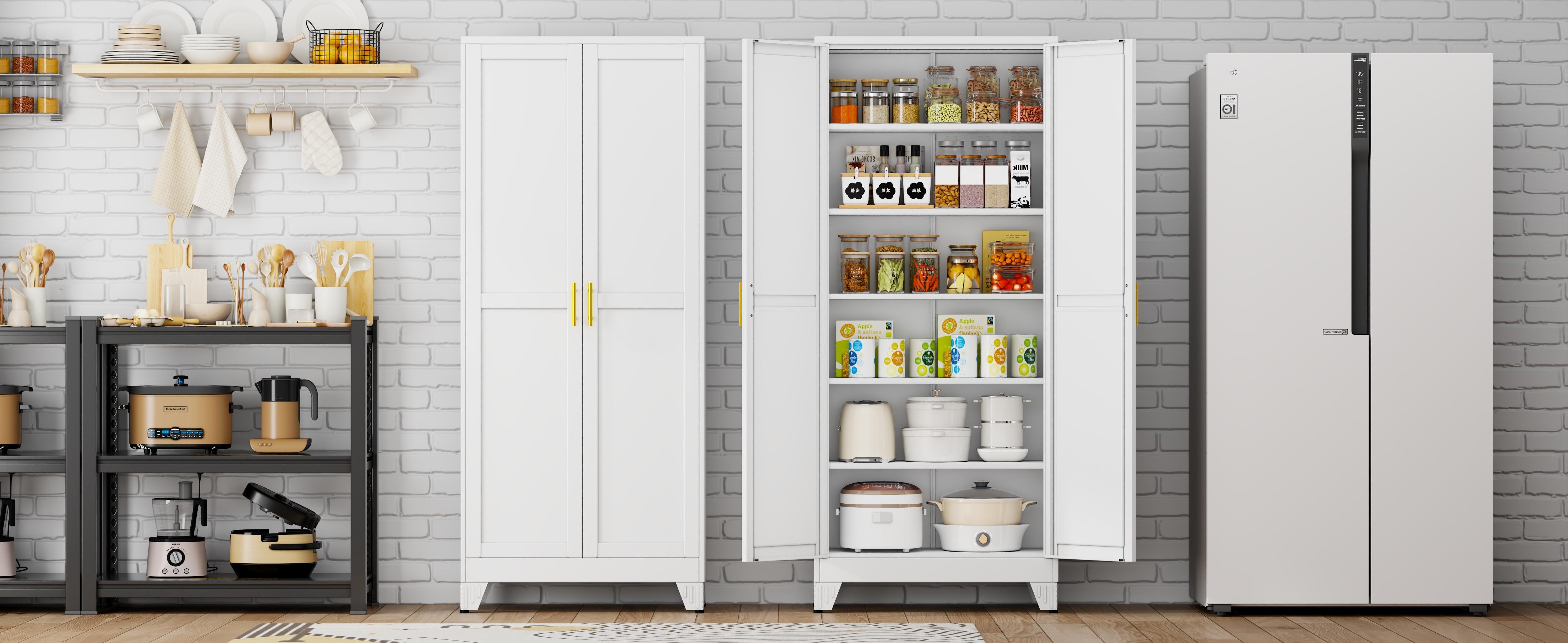 Metal Pantry Cabinet with 2 Doors and Adjustable Shelves Available in four sizes: 47"61" 71" 75" Kitchen Storage Cabinet with Gold Handles - Versatile Storage for Kitchen, Bathroom, Dining Room, Utility Room