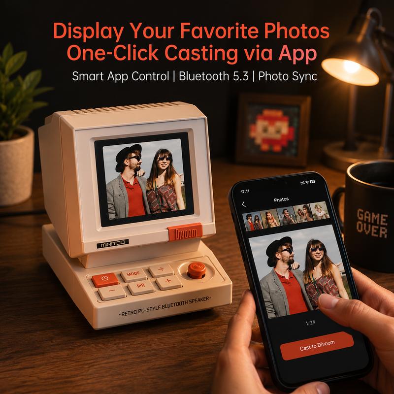 Altavoz Bluetooth Retro Pixel – Diseño inspirado en los años 90, control por aplicación, alarma, ruido blanco, altavoz portátil de escritorio retro para música, decoración de sala de juegos.