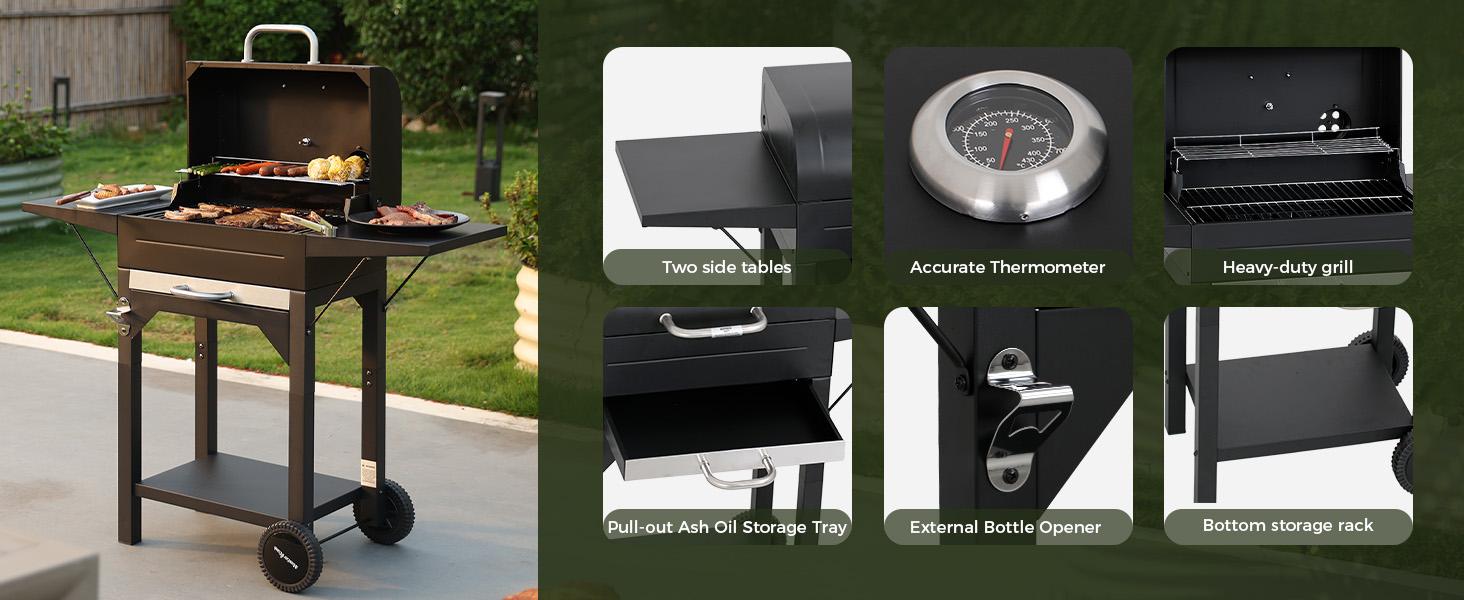 MASTER COOK Charcoal Grill with Two Side Tables 332 SQIN Cooking Area Outdoor Smoker Barbecue BBQ Grill for Camping Patio Backyard Party Picnic Black