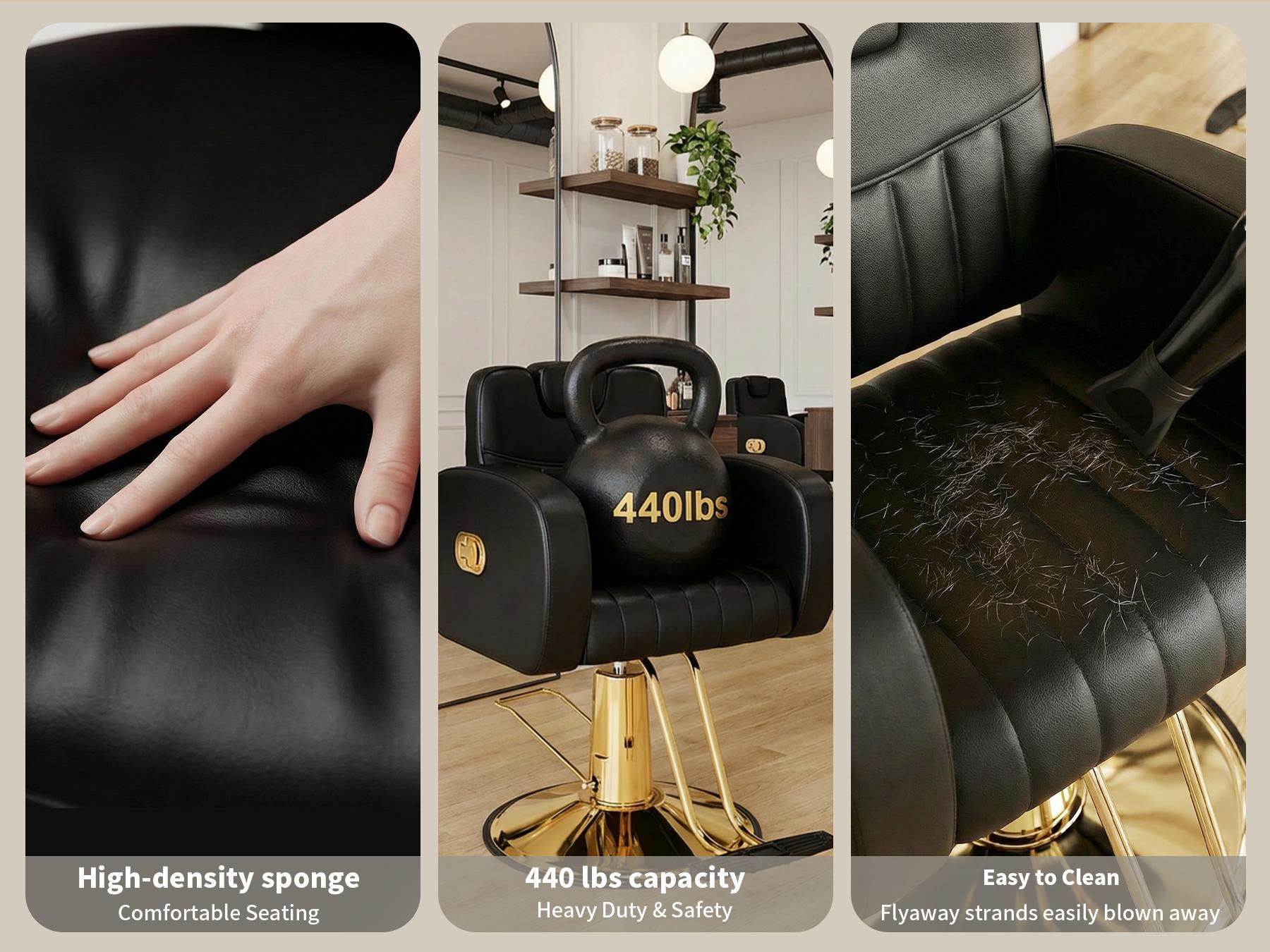 Baasha Ergonomic Gold Salon Chair with Comfortable Thickened Cushions, Heavy Duty Stylist Chair with Steel Frame, Stylish Hair Chair with Leather Upholstery, Weight Capacity 440 lbs Baasha Ergonomic Gold Salon Chair with Comfortable Thickened Cushions, Heavy Duty Stylist Chair with Steel Frame, Stylish Hair Chair with Leather Upholstery, Weight Capacity 440 lbs