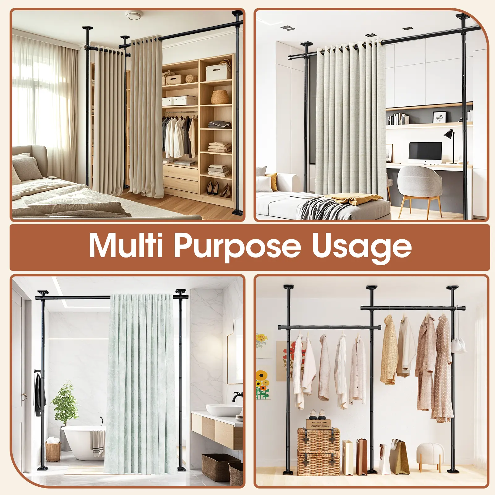 Barra ajustable para cortina divisoria de ambientes — Estructura de tensión para separar dormitorios (sin taladros) — Divisor de espacios independiente para separar habitaciones — Altura: 1,2–3 m (4–10 pies) — Ancho: 71–290 cm (28–114 pulgadas)