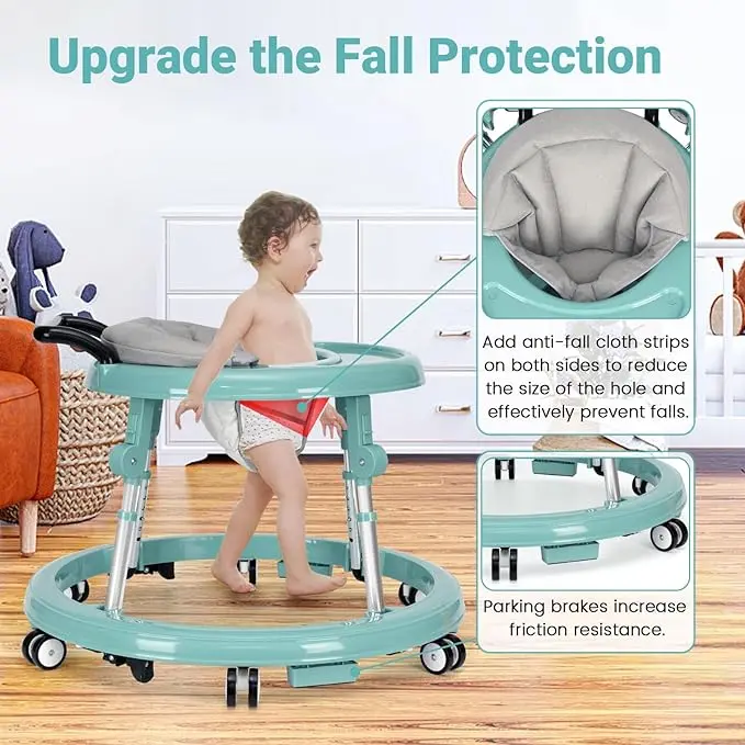 Andador para bebés plegable con 9 alturas ajustables (6-12 meses); con ruedas, portátil y antivuelco; diseño rodante y portátil.