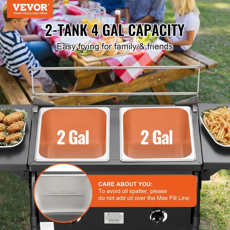 【Summervibes】Freidora de propano para exteriores, freidora comercial de doble quemador, cocina de acero inoxidable de 16 cuartos con cestas, tapas y tanques extraíbles, carrito freidora con termómetro y regulador, para cocinar al aire libre.