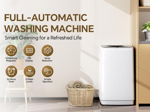 Sweetcrispy Space Saver 7.7lb Full-Automatic Portable Washing Machine, Stainless Steel Drum, 10 Wash Cycles, Auto Balance Detection, LED Display, Compact Mini Washer for Home, Apartment, Dorm