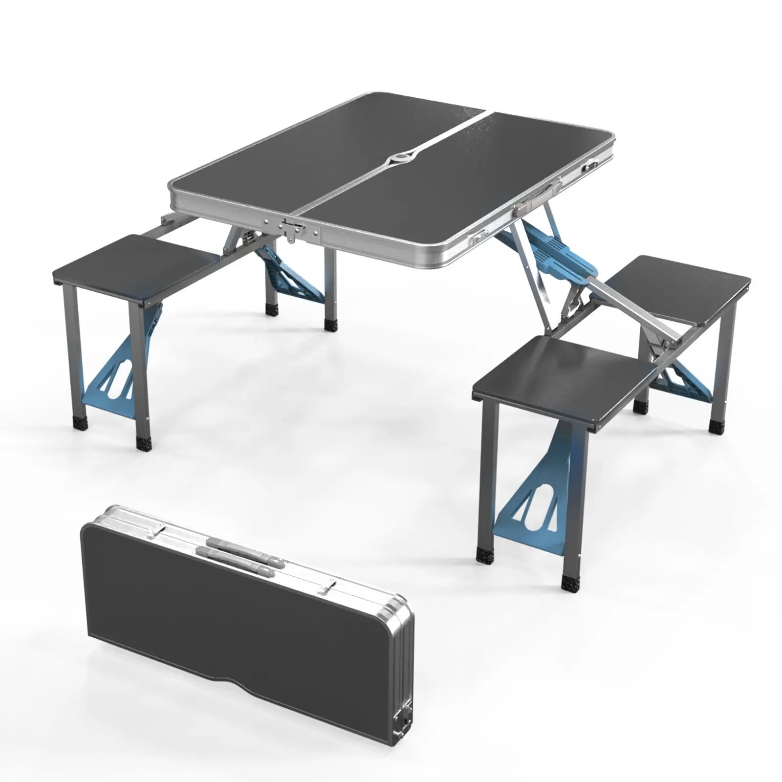 Mesa de picnic plegable portátil de 4 pies, mesa de camping, juego plegable con 4 asientos con orificio para sombrilla, mesa de tarjeta para maleta, soporte de 220 libras, marco de aluminio.