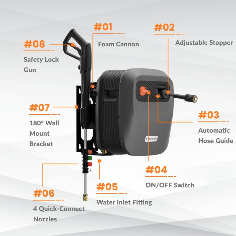 Hidrolavadora G20 Pro de 2400 PSI y 2.0 GPM con carrete de manguera de 65 pies, 4 boquillas y soporte giratorio de 180° para patios y más.