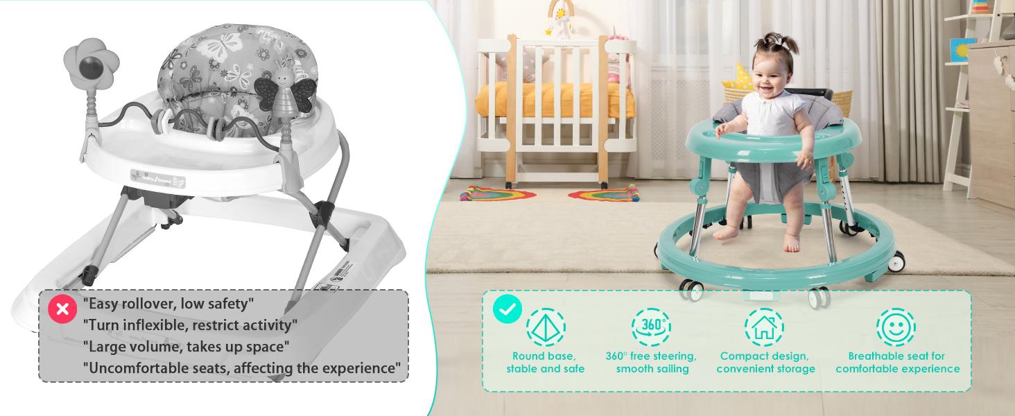 【mothersdaygift】Baby Walker Foldable with 9 Adjustable Heights, 6-12 Months  Baby Walkers, with Wheels Portable Anti-Rollover, Rolling portable design,Valentine's Day gifts