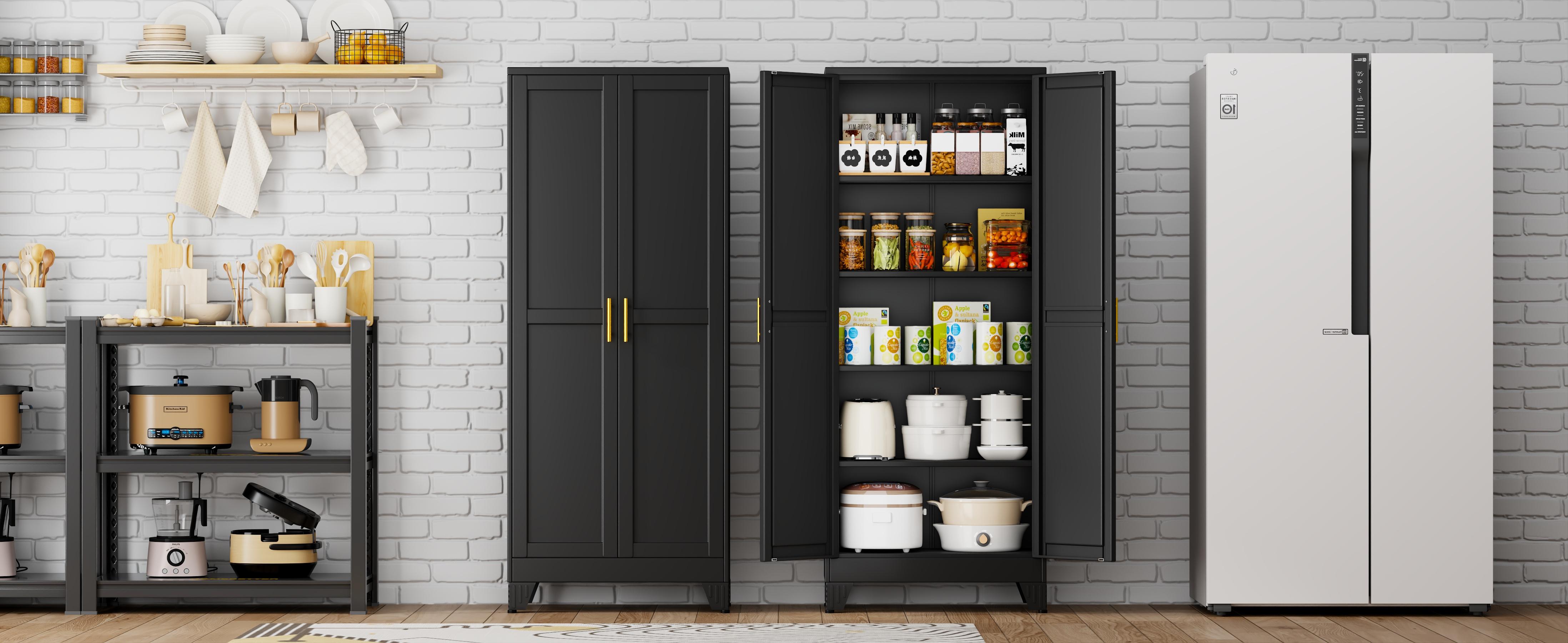 Metal Pantry Cabinet with 2 Doors and Adjustable Shelves Available in four sizes: 47"61" 71" 75" Kitchen Storage Cabinet with Gold Handles - Versatile Storage for Kitchen, Bathroom, Dining Room, Utility Room
