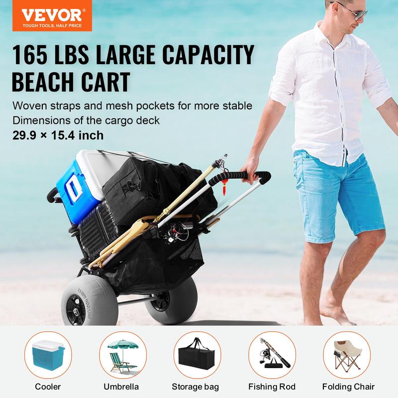 Carrito de playa VEVOR con ruedas grandes para arena, Summervibes, Summervibes, plataforma de carga de 76,9 cm x 39 cm, ruedas grandes de 30,5 cm, capacidad de carga de 75 kg, carrito de arena plegable y altura ajustable de 68,5 cm a 113,5 cm, carrito res