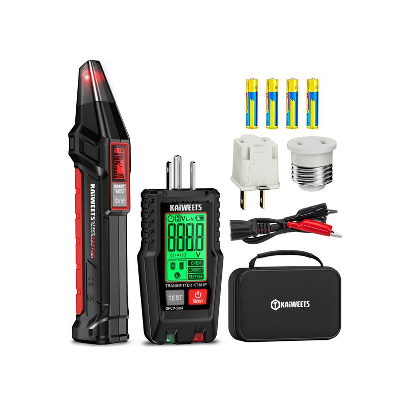 Herramienta para localizar disyuntores de CA con pantalla LCD de alerta, juego de 2 piezas: probador eléctrico y probador de voltaje con transmisor y receptor, función NCV y linterna, probador de cables sin contacto y probador de tomacorrientes GFCI integ