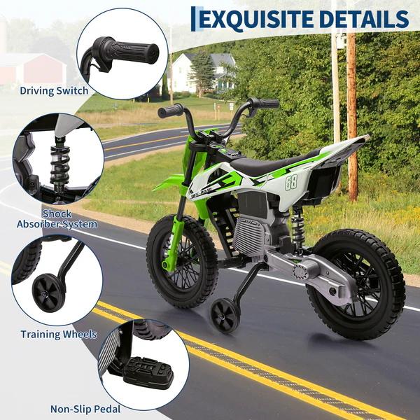 Moto de cross eléctrica de 12 V para jóvenes pilotos, con dos motores de 25 W, acelerador de puño, suspensión de muelles y ruedines de entrenamiento. Disponible en cuatro colores. El juguete ideal para divertirse al aire libre.