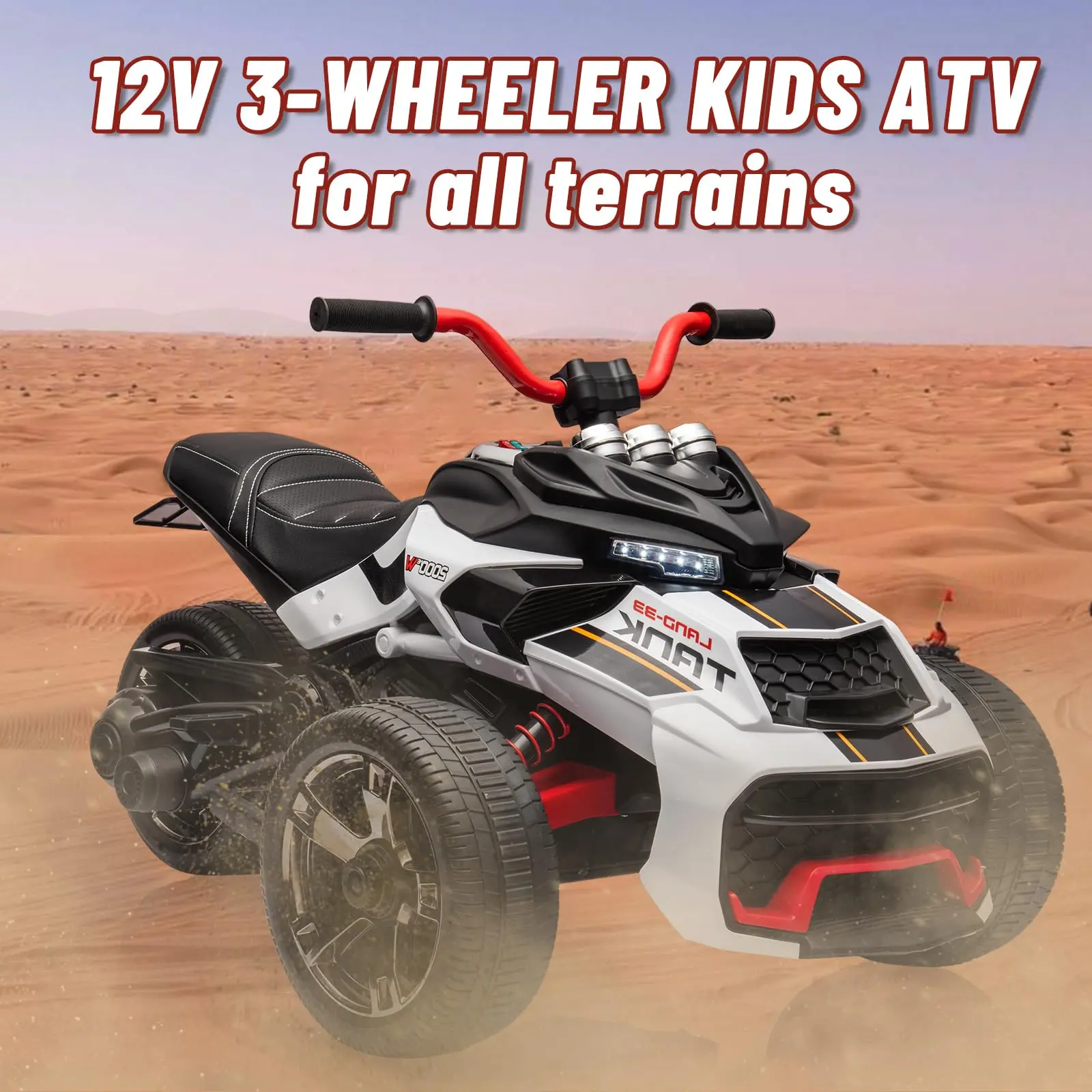 Vehículo montable tipo triciclo de 12 V para niños de 3 a 7 años, 2 motores de 55 W, batería de 7 Ah, velocidades de 3 a 7 km/h, 2 ajustes de velocidad.