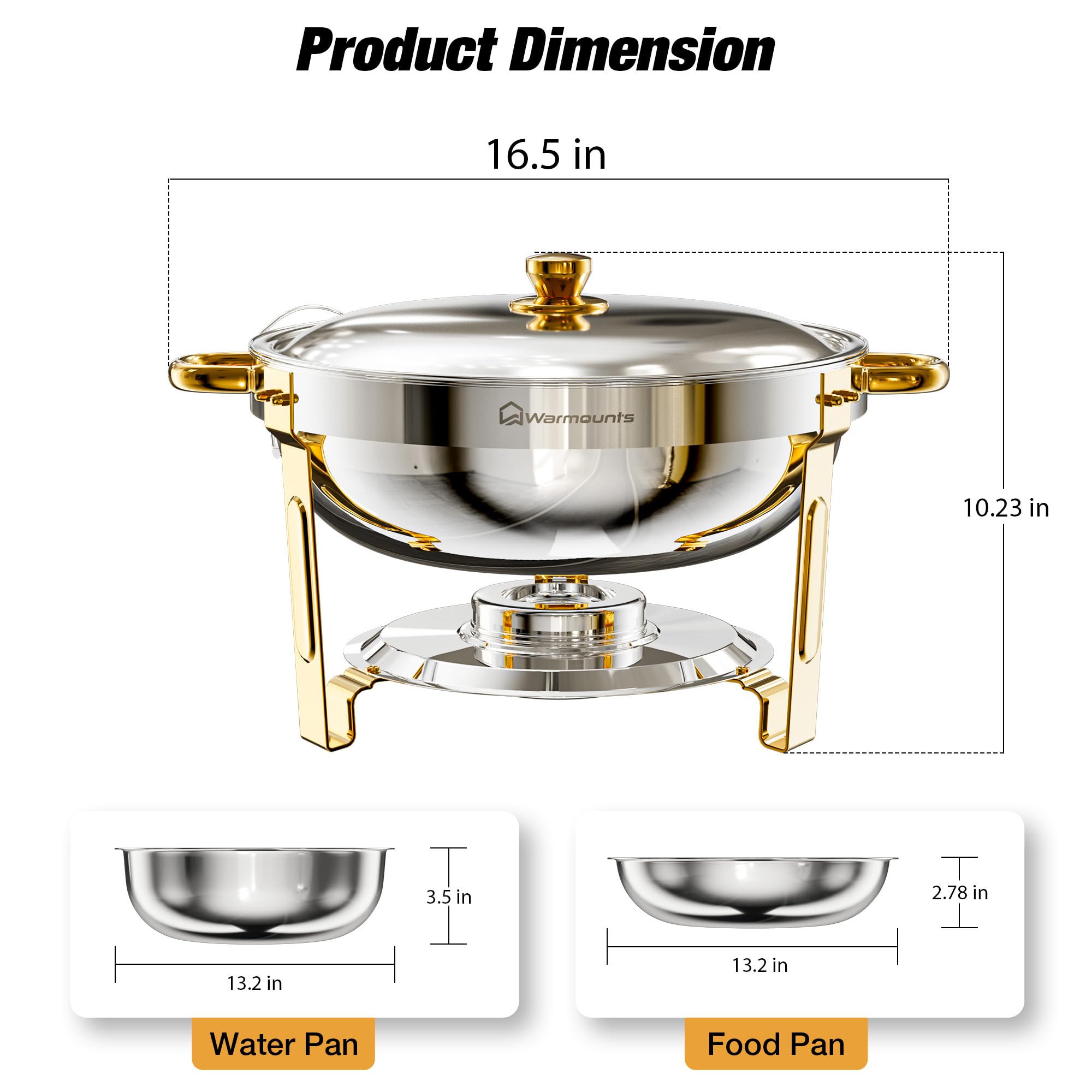 Calentadores de buffet dorados de 5 cuartos con tapa de vidrio o de acero inoxidable — Juego de calentadores redondos y chafing dishes con acabado de acero inoxidable pulido a espejo, borde enrollado, apilables y con soporte para tapas — Ideales para fies