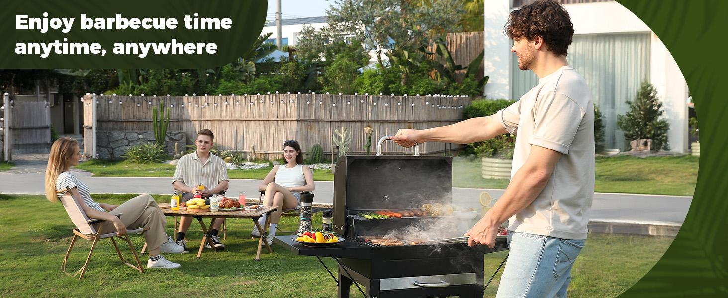 MASTER COOK Charcoal Grill with Two Side Tables 332 SQIN Cooking Area Outdoor Smoker Barbecue BBQ Grill for Camping Patio Backyard Party Picnic Black