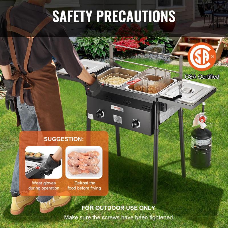 【Summervibes】Freidora de propano para exteriores, freidora comercial de doble quemador, cocina de acero inoxidable de 16 cuartos con cestas, tapas y tanques extraíbles, carrito freidora con termómetro y regulador, para cocinar al aire libre.