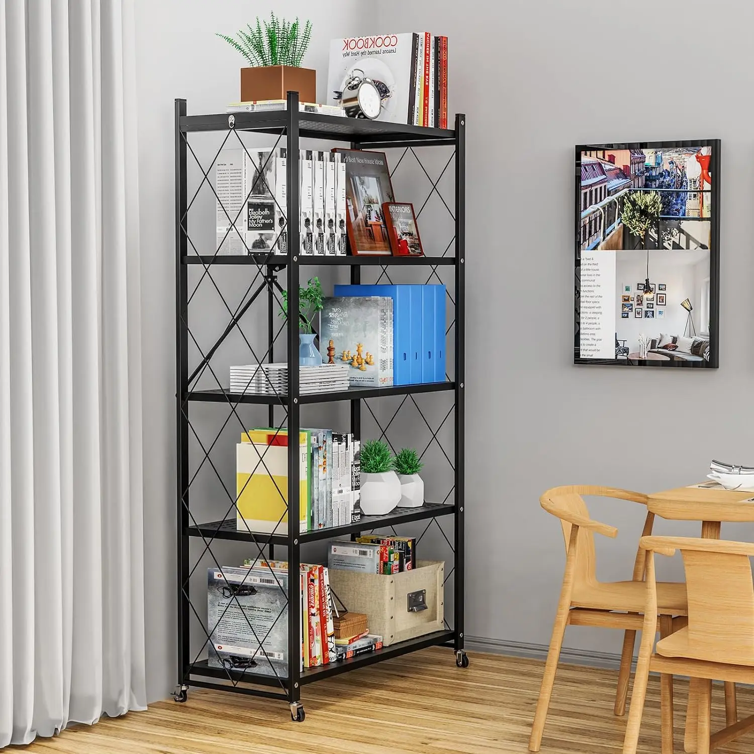 Estantería de almacenamiento metálica plegable — Expositor de estantes abatible, ligero e impermeable, color negro, ahorra espacio, duradero y versátil para cocina y despensa, moderno organizador de calzado, movilidad de 360 ​​grados, capacidad de 90 libr