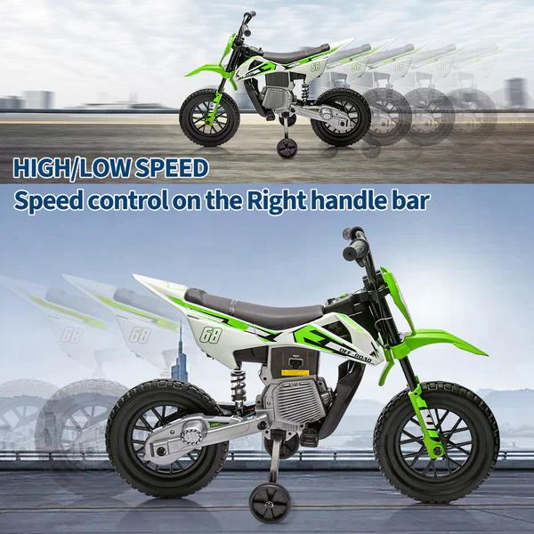 Moto de cross eléctrica de 12 V para jóvenes pilotos, con dos motores de 25 W, acelerador de puño, suspensión de muelles y ruedines de entrenamiento. Disponible en cuatro colores. El juguete ideal para divertirse al aire libre.