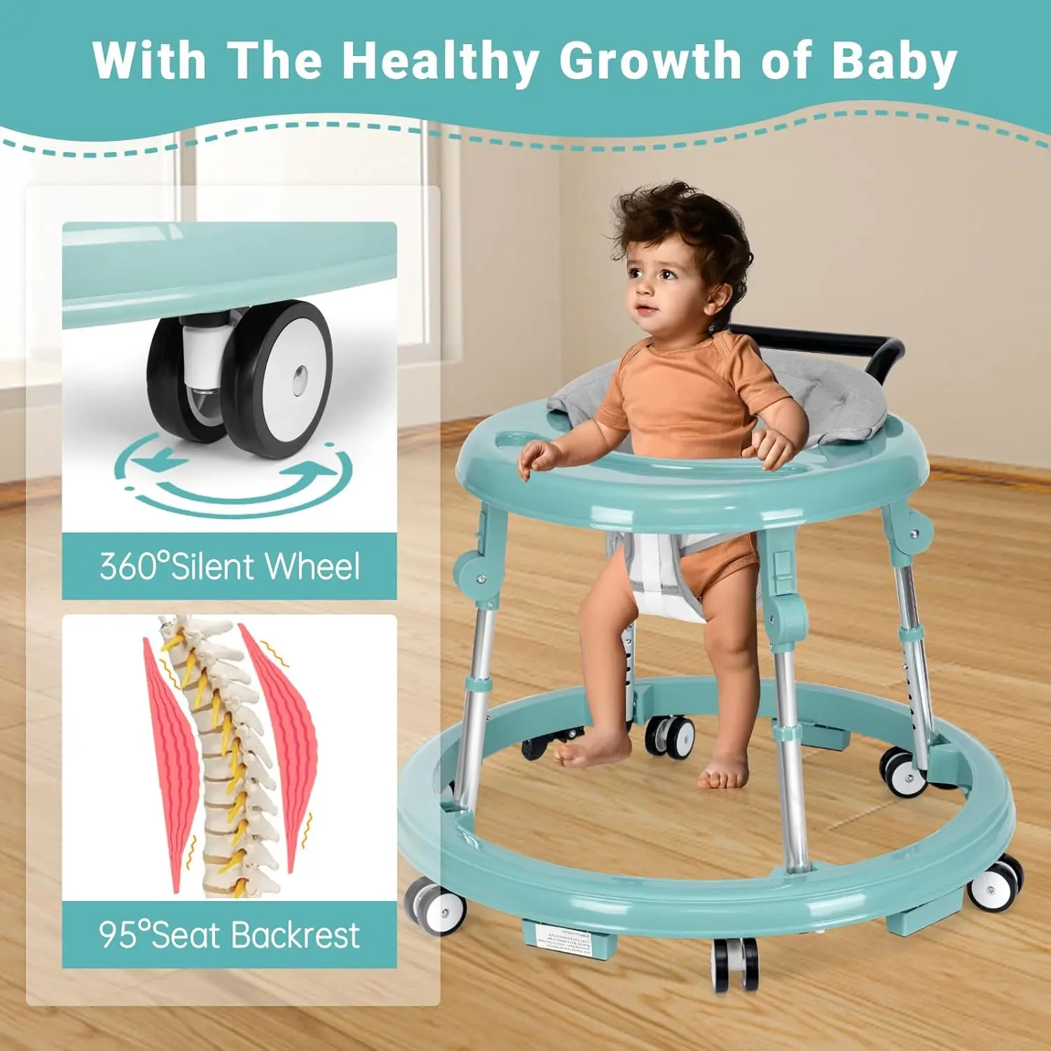 Andador para bebés plegable con 9 alturas ajustables (6-12 meses); con ruedas, portátil y antivuelco; diseño rodante y portátil.