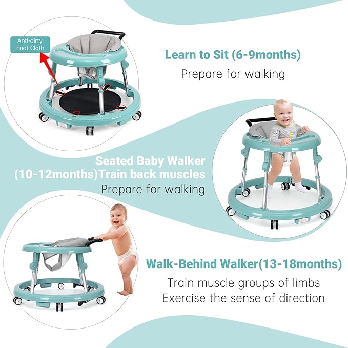 Andador para bebés plegable con 9 alturas ajustables — Para bebés de 6 a 12 meses — Con ruedas, portátil y antivuelco — Diseño rodante y portátil