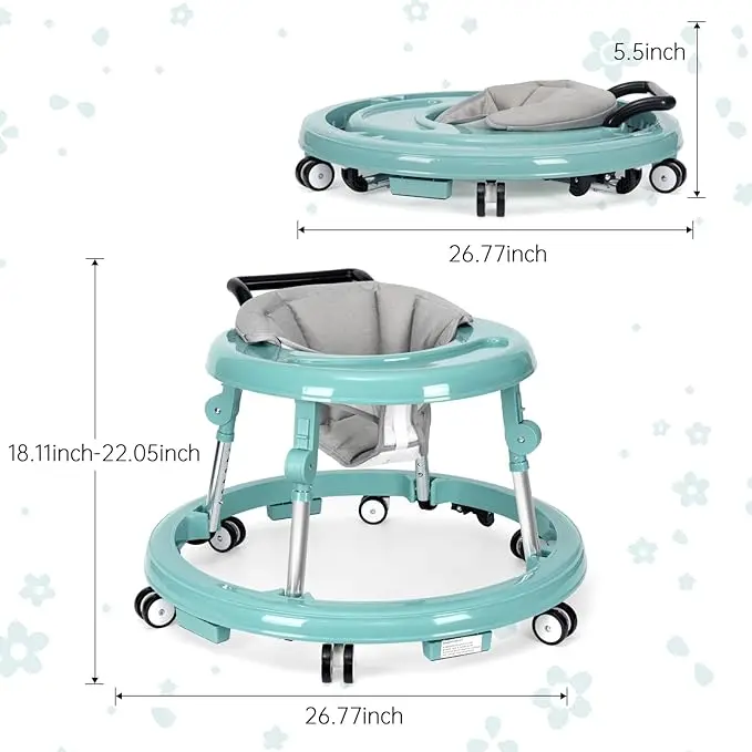 Andador para bebés plegable con 9 alturas ajustables (6-12 meses); con ruedas, portátil y antivuelco; diseño rodante y portátil.