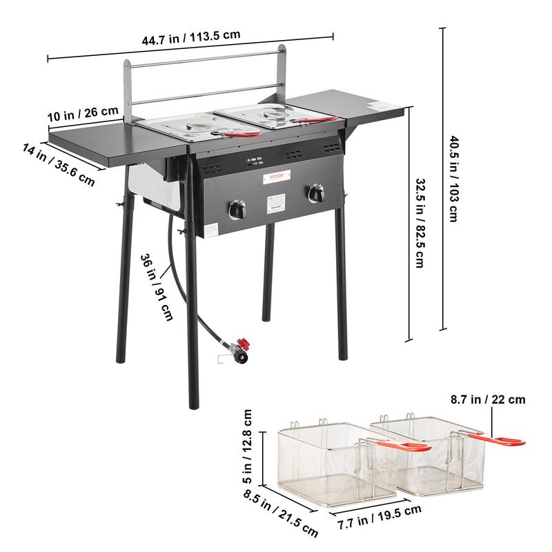 【Summervibes】Freidora de propano para exteriores, freidora comercial de doble quemador, cocina de acero inoxidable de 16 cuartos con cestas, tapas y tanques extraíbles, carrito freidora con termómetro y regulador, para cocinar al aire libre.